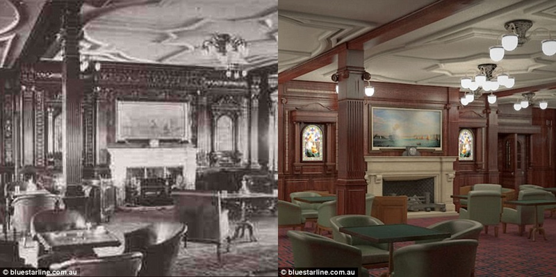 La habitación de fumadores del Titanic original a la izquierda, la versión del Titanic II a la derecha.